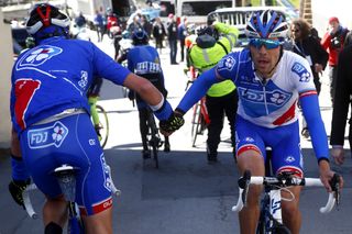 Thibaut Pinot thanks his FDJ teammates after taking the race lead