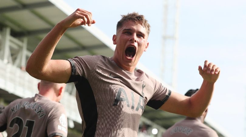 Micky van de Ven celebrates his winning goal for Tottenham against Luton Town at Kenilworth Road in October 2023.