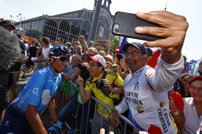 Nairo Quintana (Movistar) meets some of his Colombian fans at the 2019 Tour de France