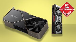 Two of the best graphics cards from top down and side on view, on a pastel yellow background