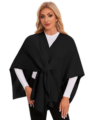 Puli Damen-Rippstrick-Poncho mit offener Vorderseite, Schal, Wickelpullover, Grobstrick-Poncho, Reiseschal, eleganter Cape-Cardigan für Herbst und Winter, Schwarz