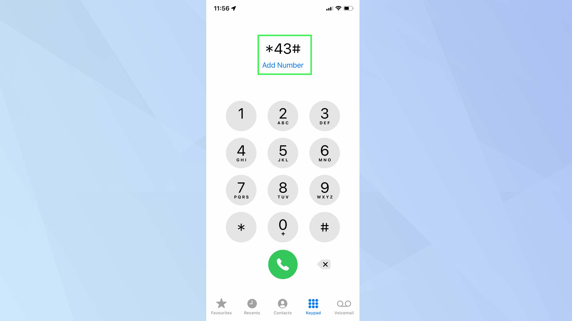 Снимок экрана с iPhone, показывающий приложение для телефона с кодами для ожидания вызова