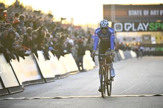 Mathieu van der Poel crosses the line in second place at Superprestige Zolder. Photo/Getty Image
