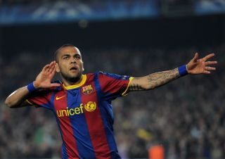 Dani Alves celebrates a goal for Barcelona against Shakhtar Donetsk in April 2011.