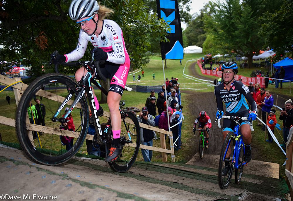 Ellen Noble (JAM/NCC/Vittoria) leading Caroline Mani (Raleigh Clement) at the double flyover