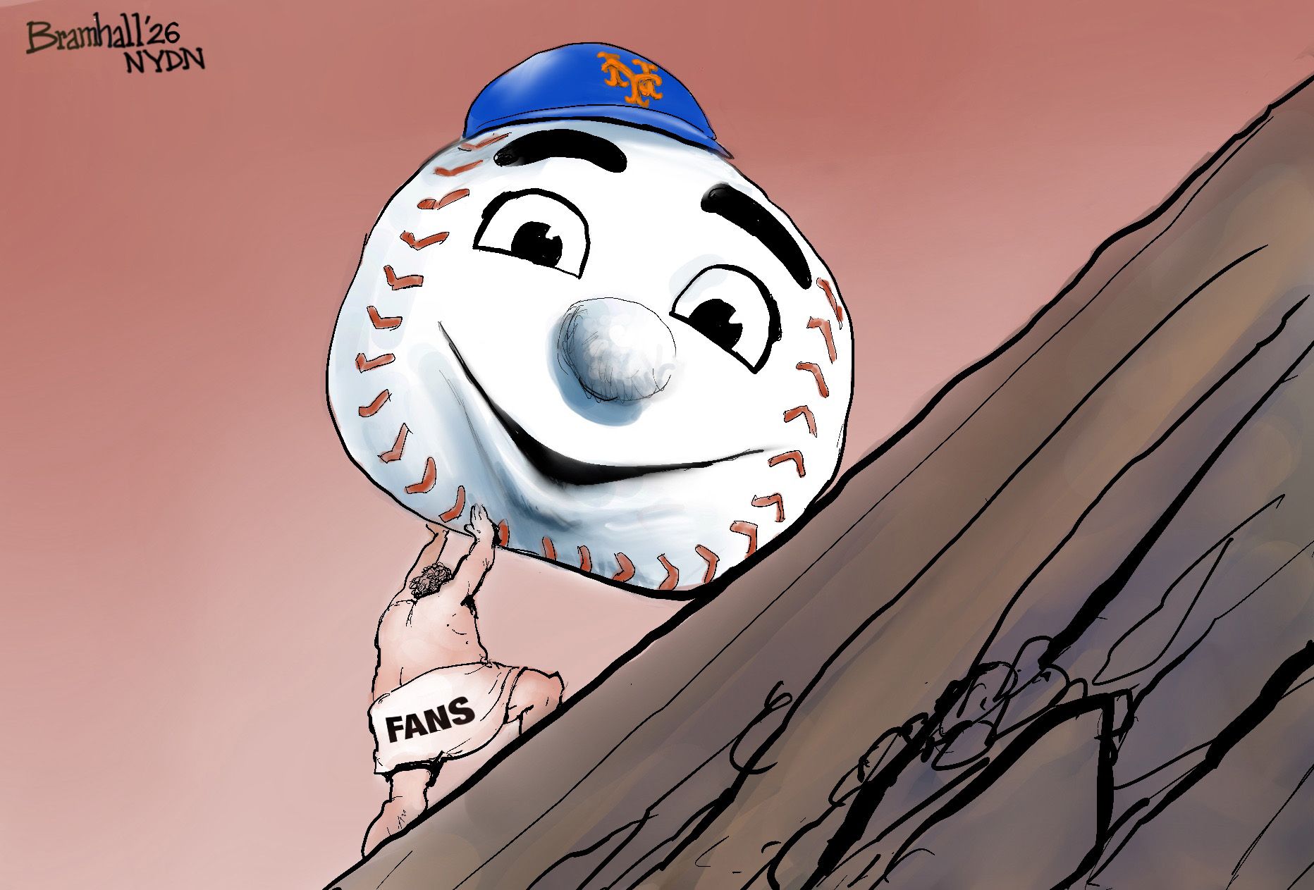 This cartoon is an homage to the myth of Sisyphus, where the gods punish a king by making him eternally roll a massive boulder up a hill only for it to roll back down just before reaching the top. This version depicts a New York Mets baseball fan pushing the Mr. Met baseball up a hill.