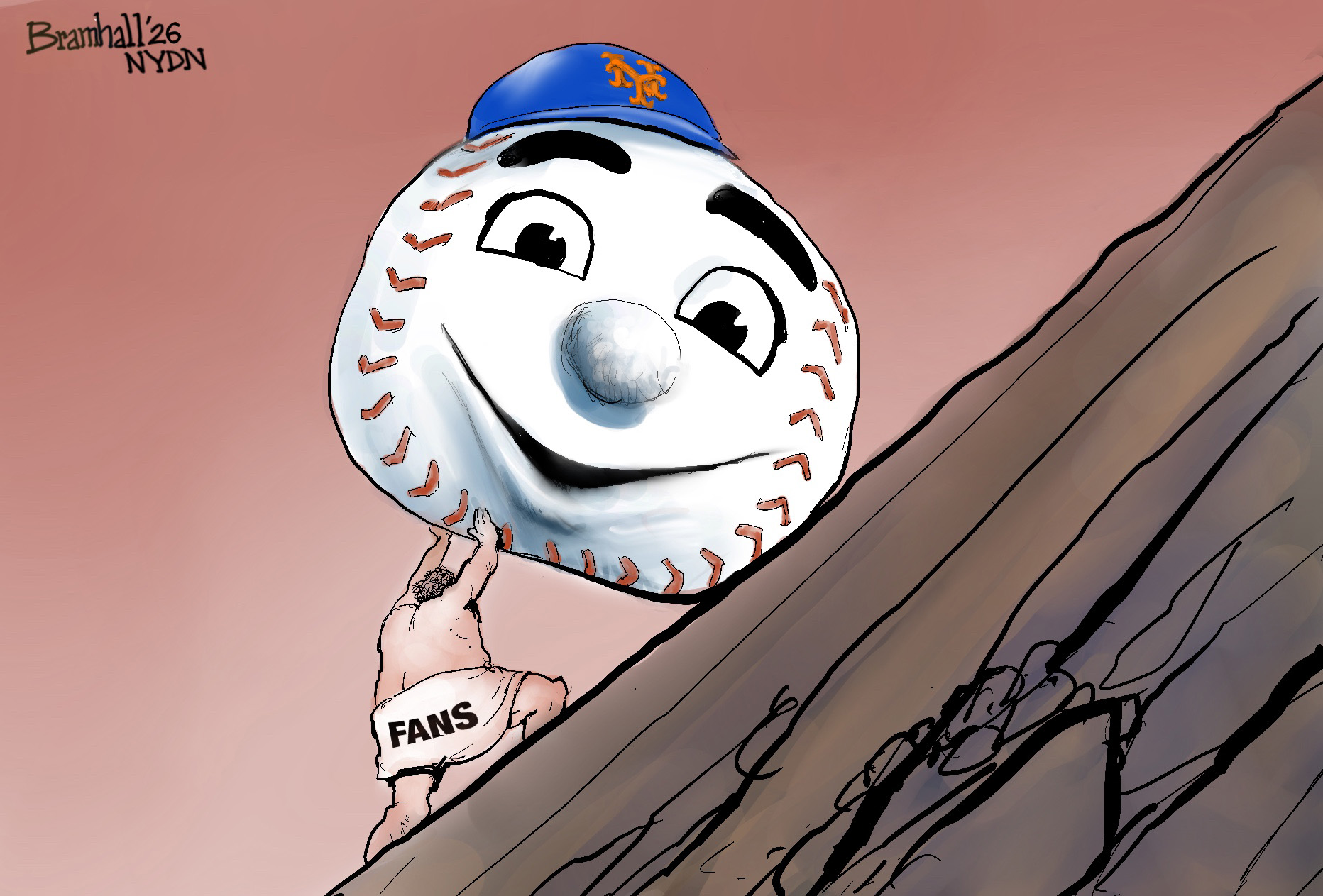 This cartoon is an homage to the myth of Sisyphus, where the gods punish a king by making him eternally roll a massive boulder up a hill only for it to roll back down just before reaching the top. This version depicts a New York Mets baseball fan pushing the Mr. Met baseball up a hill.