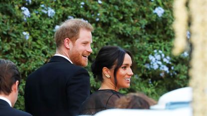 The Duke and Duchess of Sussex, Prince Harry and his wife Meghan, arrive to attend the wedding of fashion designer Misha Nonoo at Villa Aurelia in Rome