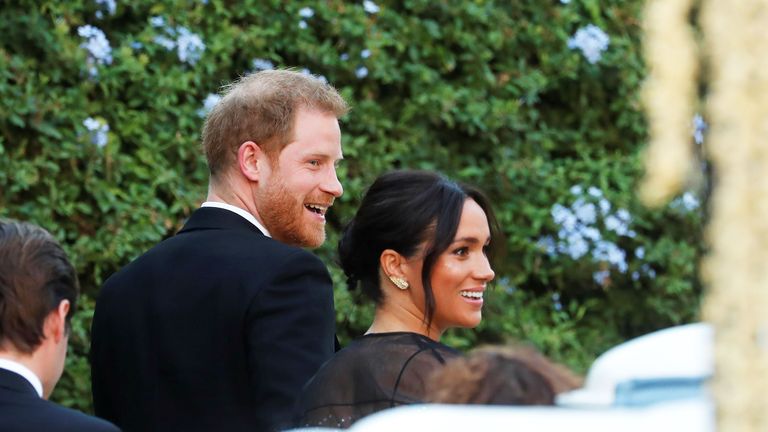 The Duke and Duchess of Sussex, Prince Harry and his wife Meghan, arrive to attend the wedding of fashion designer Misha Nonoo at Villa Aurelia in Rome