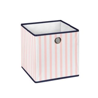 A pink and white striped storage cube