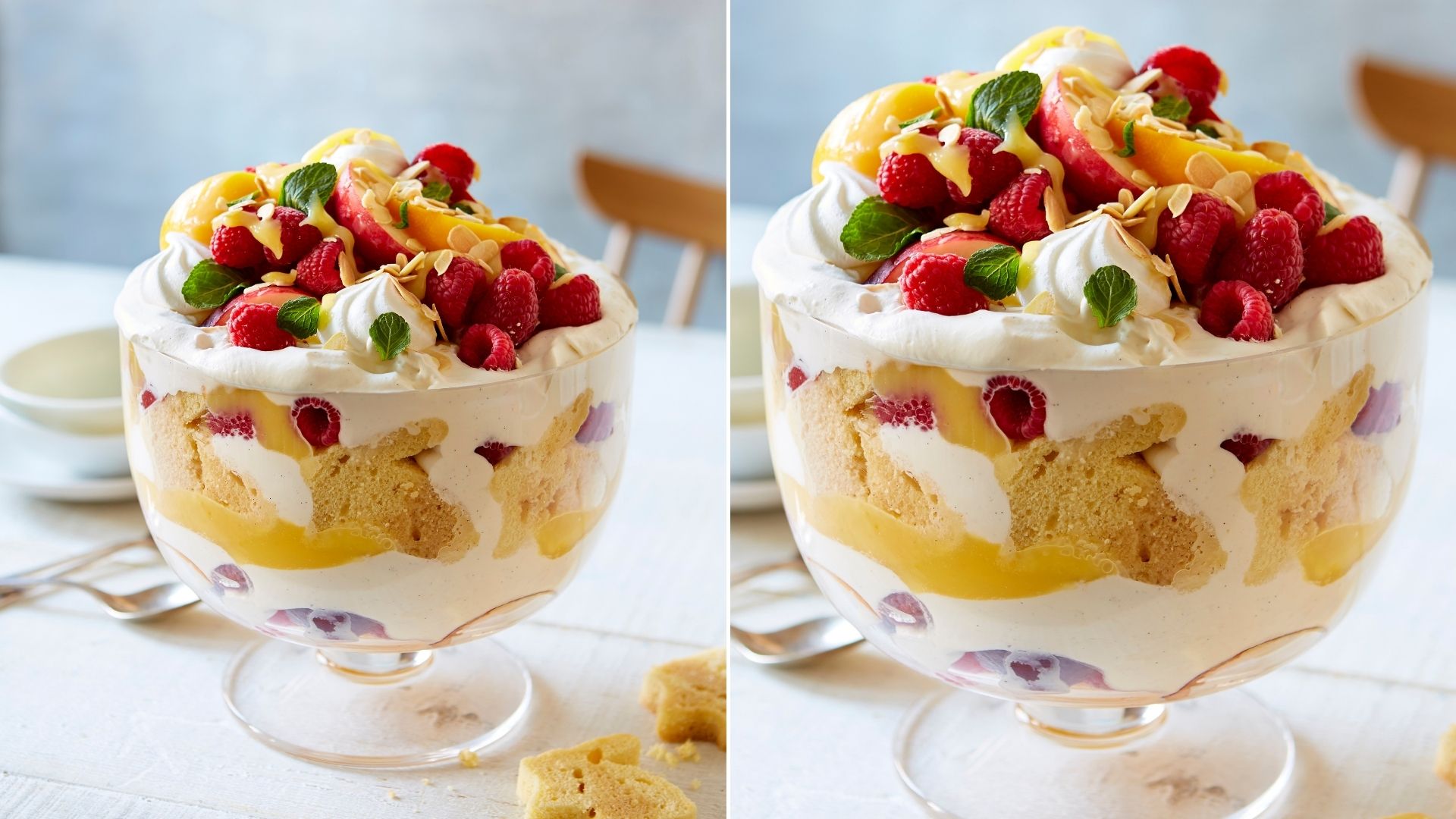 Drunken Bunny Trifle in a large glass bowl topped with fruit and cream.