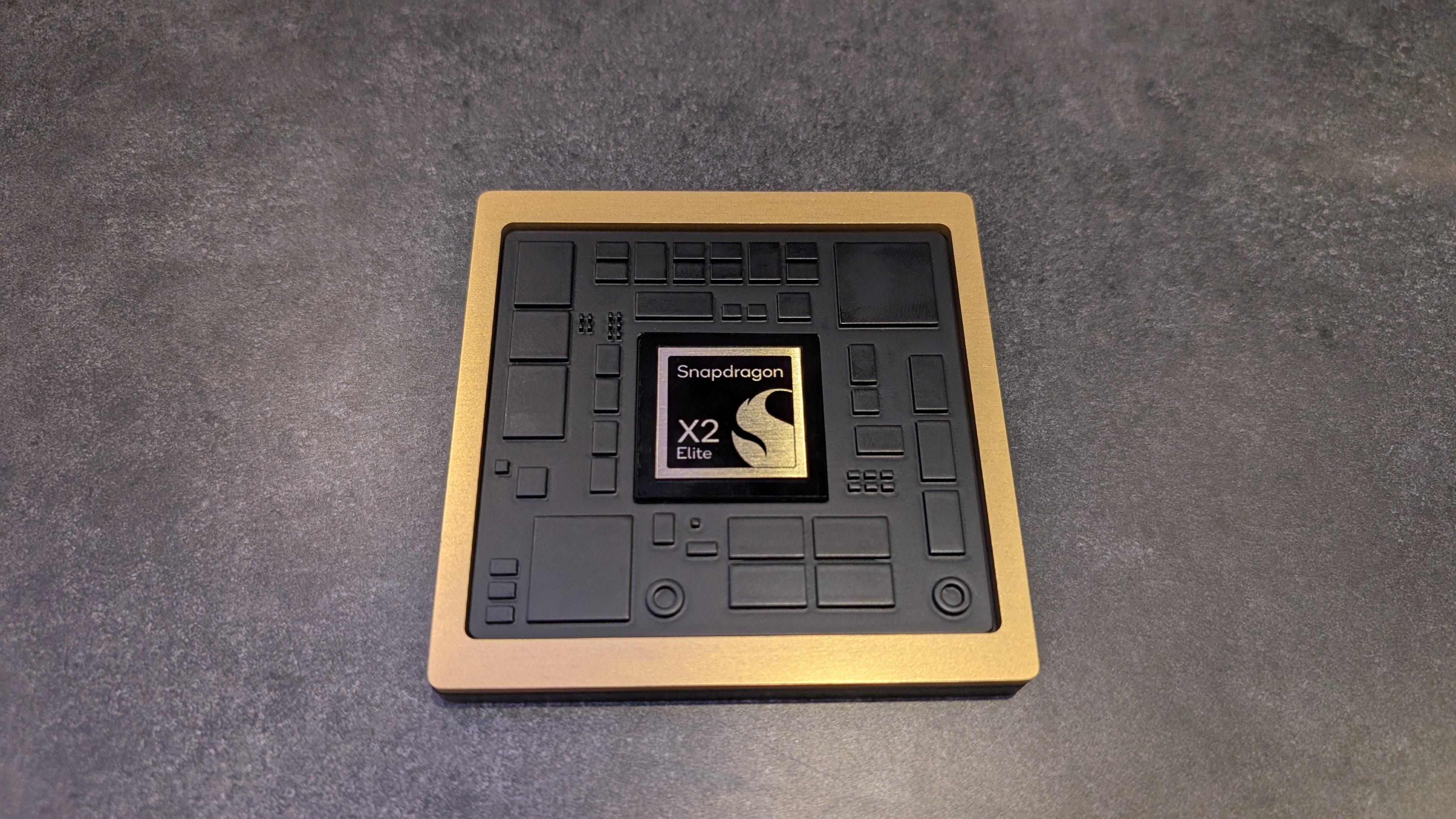 Snapdragon X2 Elite chip shown on a flat surface