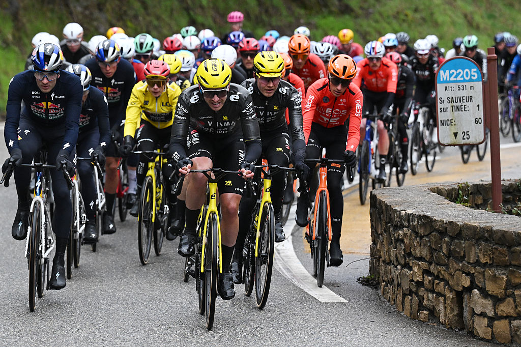 Edoardi Affini leads the peloton during a stage of Paris-Nice 2026