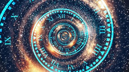 An illustration of a blue spiral that looks like a clock with a starry background behind it.