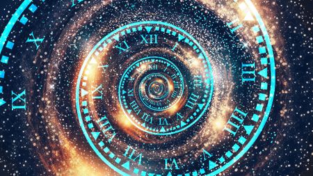 An illustration of a blue spiral that looks like a clock with a starry background behind it.