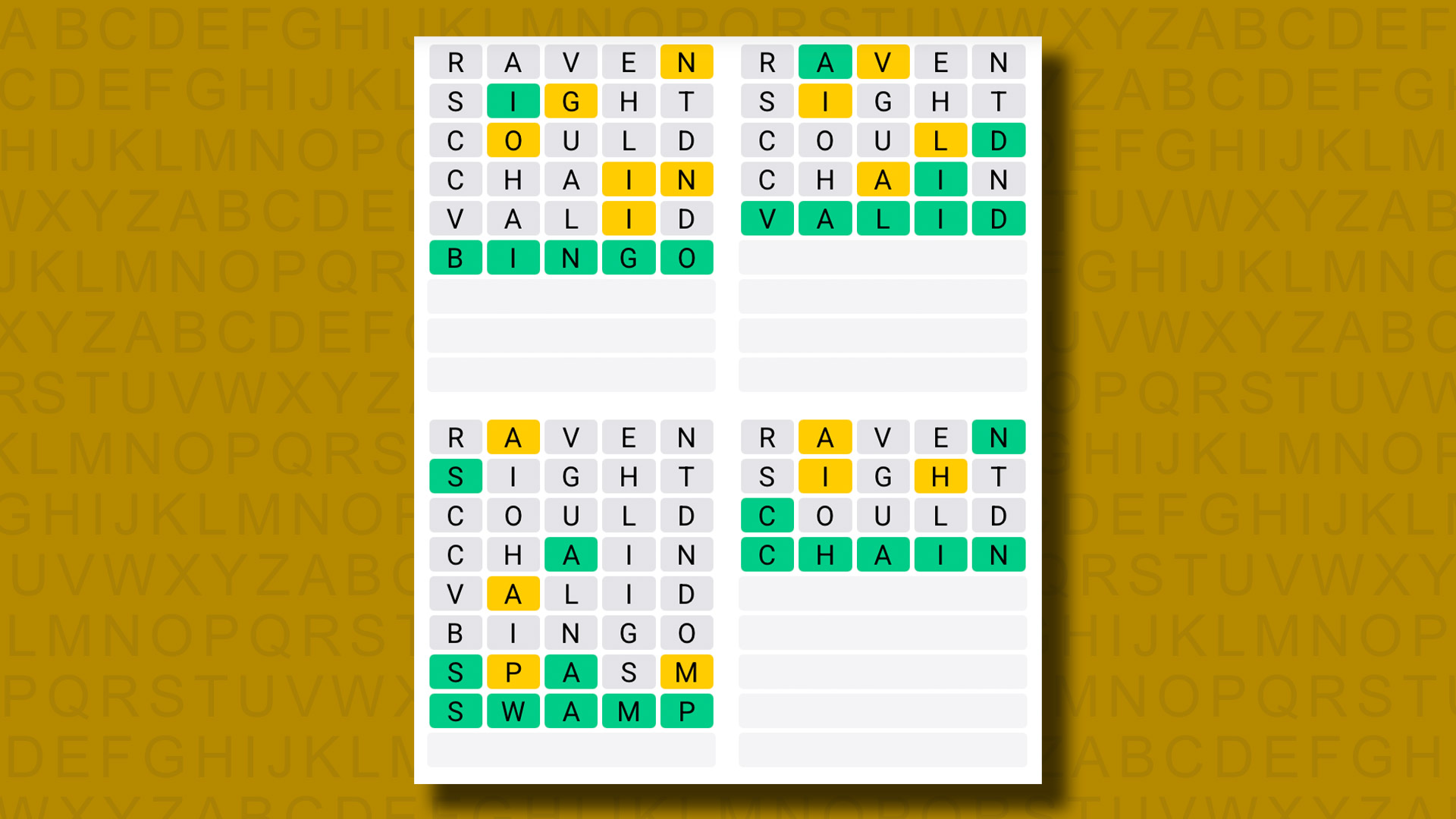 Quordle answers for game 1329 on a yellow background