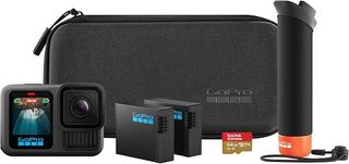 The GoPro Hero13 bundle showing the camera, batteries, memory card, pouch and GoPro Handler