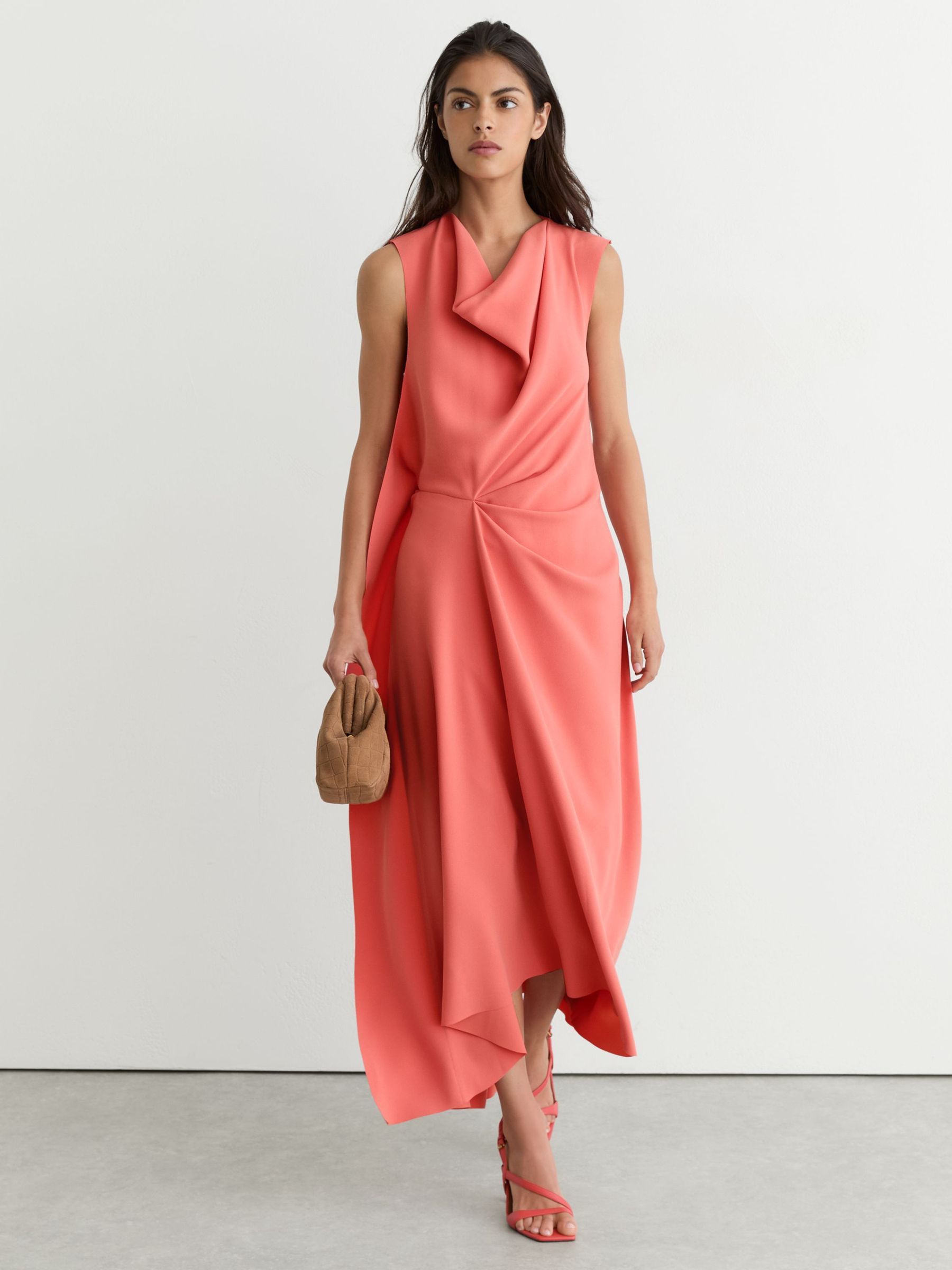 Petite Drape-Detail Sleeveless Midi Dress in Coral Pink - Size 4