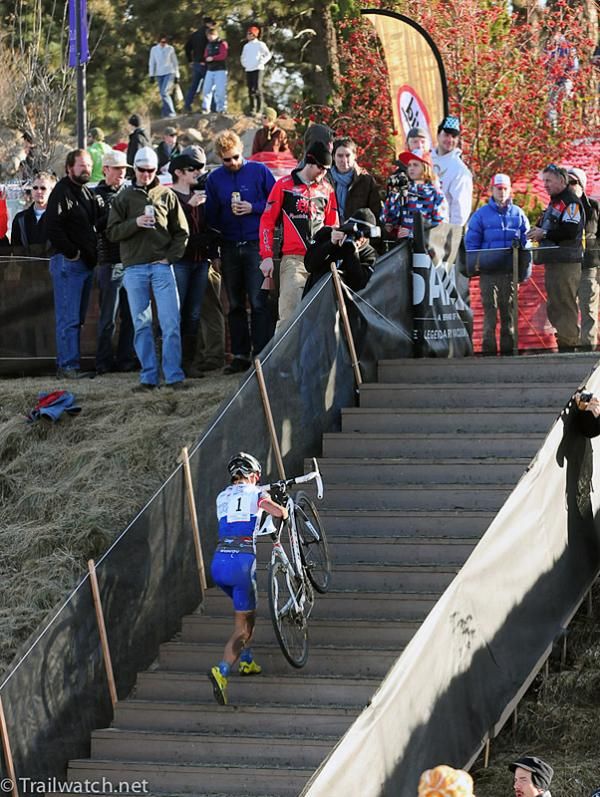Katerina Nash (Luna Pro Team) climbing the steps with a significant lead