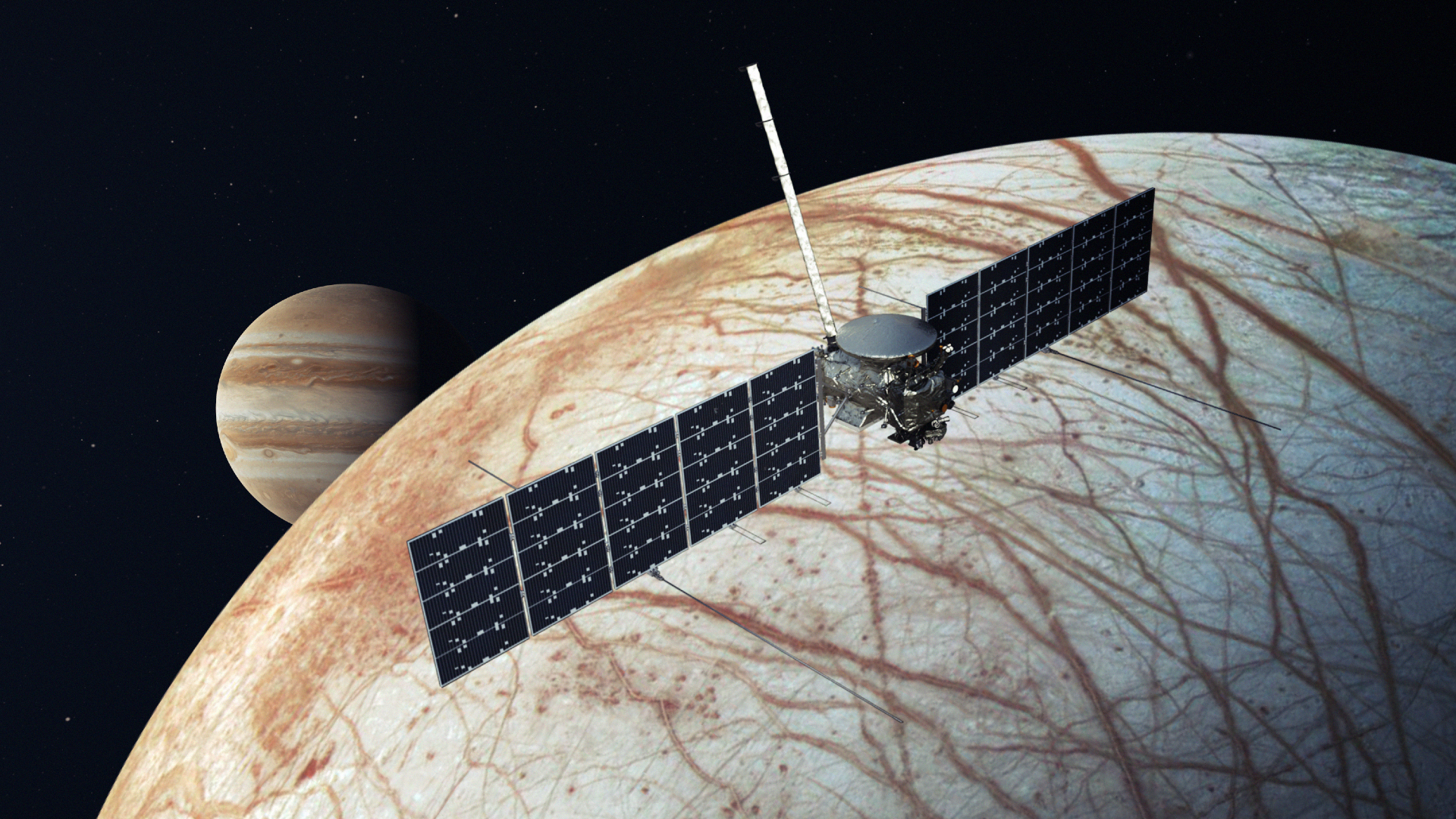 Künstlerische Darstellung der Raumsonde Europa Clipper, die über Jupiters Eismond Europa fliegt.