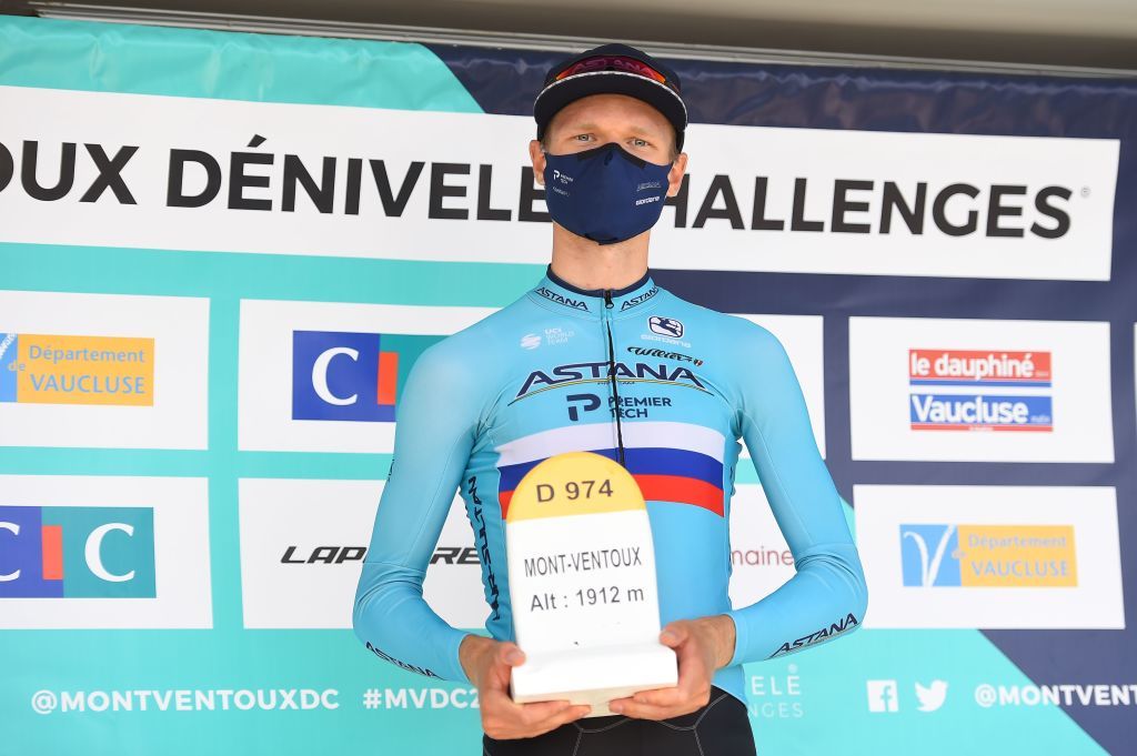 Russias Aleksandr Vlasov of Team Astana celebrates on te podium after winning the Mont Ventoux Denivele Challenge on August 6 2020 at the Mont Ventoux southern France Mont Ventoux Denivele Challenge is a 182 kms one day race from VaisonLaRomaine to Mont Ventoux with nearly 4000 meters of ascending elevation Photo by Sylvain THOMAS AFP Photo by SYLVAIN THOMASAFP via Getty Images