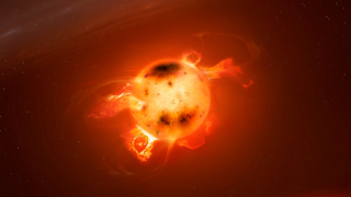 An illustration shows a small star bursting with activity, including sunspots and flares caused by magnetic fields.