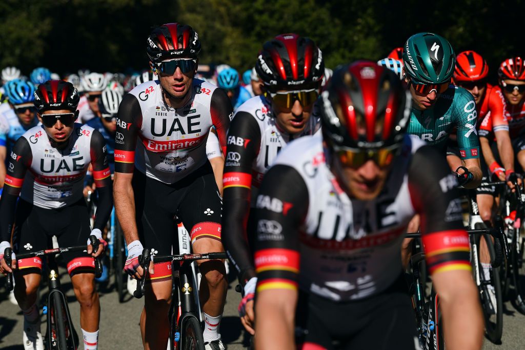 ANDRATX SPAIN JANUARY 29 LR Brandon Mcnulty of United States and UAE Team Emirates and Frederik Wandahl of Denmark and Team Bora Hansgrohe compete during the 31st Challenge Ciclista Mallorca 2022 Trofeo Pollena Port d Andratx a 170 km race from Pollena to Andratx 214m ChallengeMallorca on January 29 2022 in Andratx Spain Photo by Dario BelingheriGetty Images