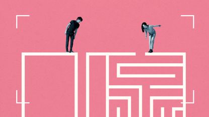Graphic of man and woman looking down at illustrated maze, representing relationship issues