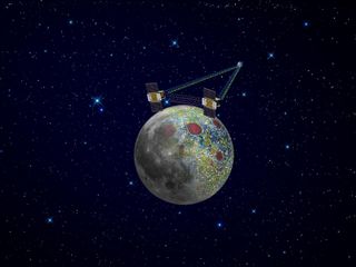 Using a precision formation-flying technique, the twin Grail spacecraft will map the moon's gravity field, as depicted in this artist's rendering. Radio signals traveling between the two spacecraft provide scientists the exact measurements required as well as flow of information not interrupted when the spacecraft are at the lunar farside, not seen from Earth. The result should be the most accurate gravity map of the moon ever made.