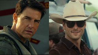 Maverick (Tom Cruise) looks ahead in Top Gun: Maverick, while Tyler Owens (Glen Powell) tips his hat to Kate Carter in Twisters