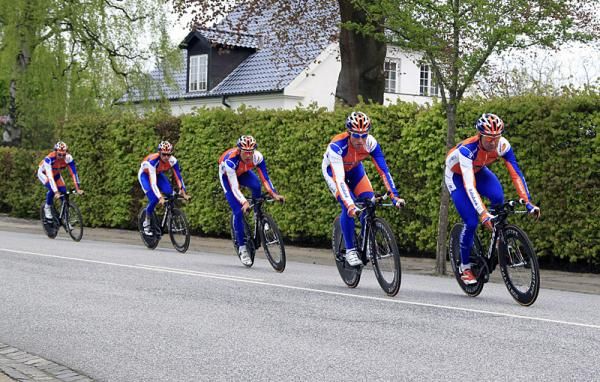 Rabobank team members get familiar with the route for the Giro d'Italia's opening stage time trial.