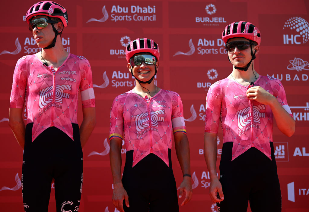 HAZZA BIN ZAYED STADIUM AL AIN UNITED ARAB EMIRATES FEBRUARY 23 Jhoan Esteban Chaves Rubio of Colombia and Team EF EducationEasyPost C prior to the 7th UAE Tour Stage 7 a 176km stage from Al Ain Hazza Bin Zayed Stadium to Jebel Hafeet 1031m UCIWWT on February 23 2025 in Al Ain United Arab Emirates Photo by Dario BelingheriGetty Images