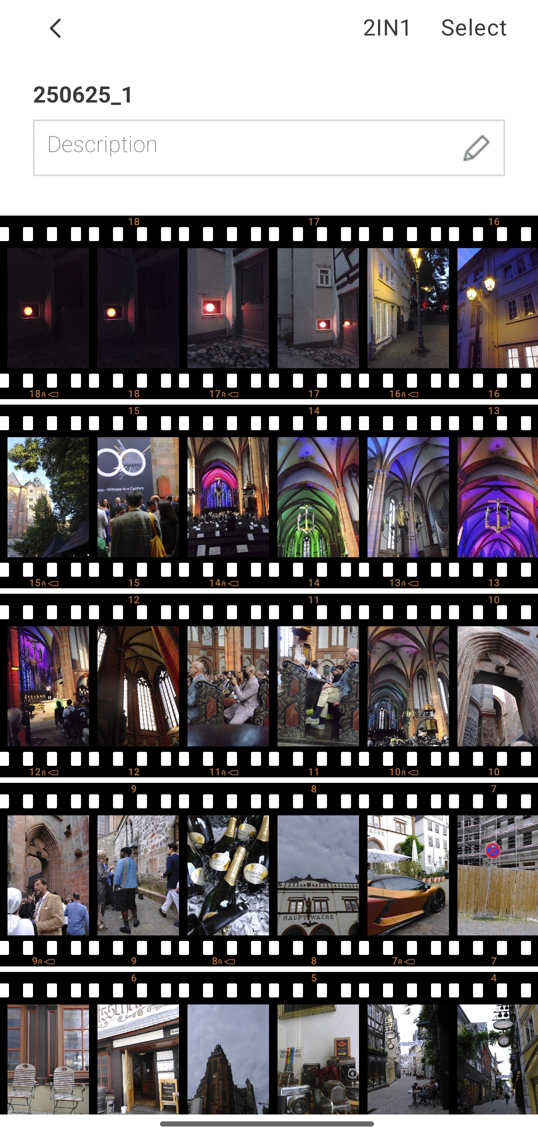 Fujifilm X half app UI, developing film, contact sheet, image gallery