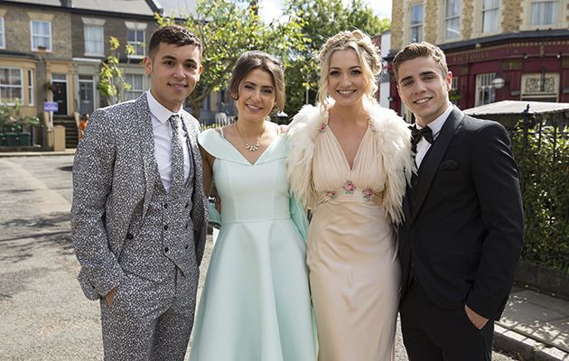 Shakil, Bex, Louise and Travis are ready to go to prom. Shakil Kazemi, Bex Fowler, Louise Mitchell, Travis Law-Hughes in Eastenders.