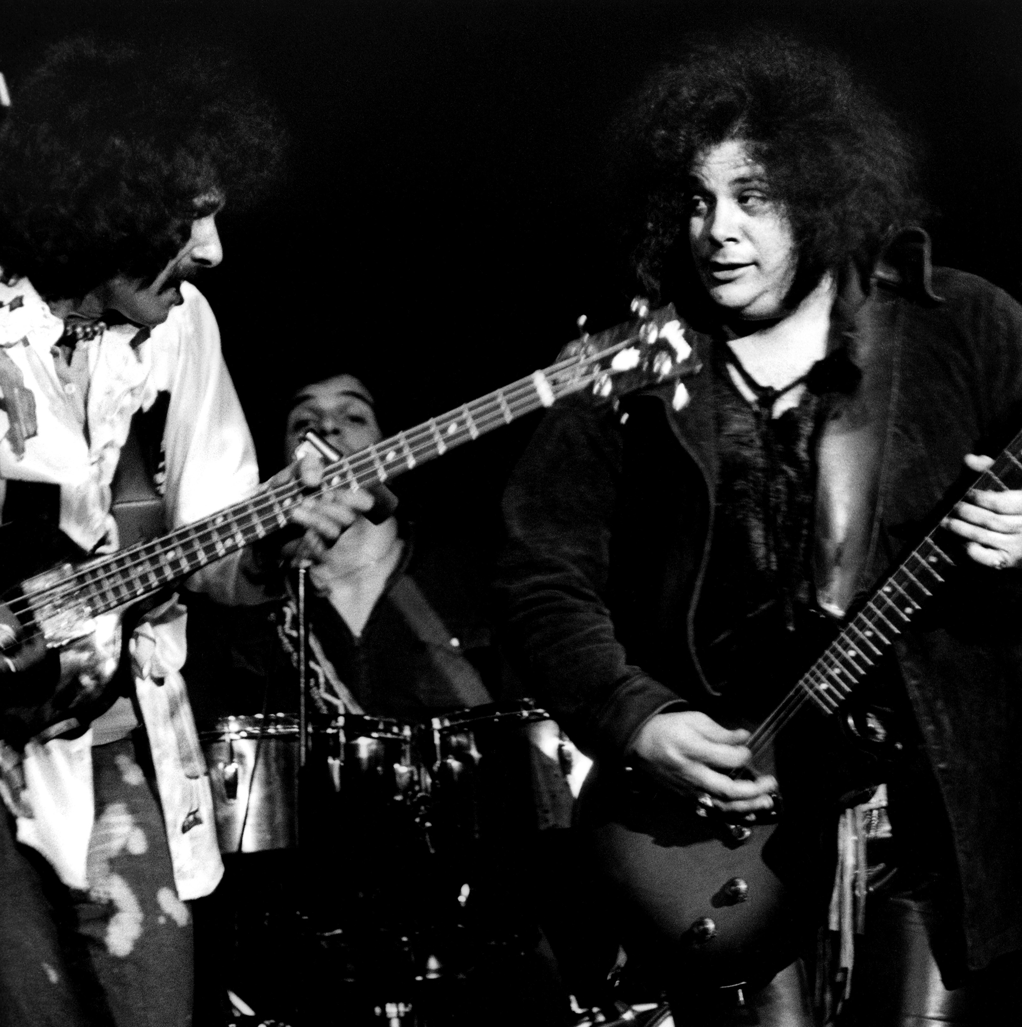 Leslie West and Felix Pappalardi of the music group Mountain perform in April, 1970 in San Francisco, California.