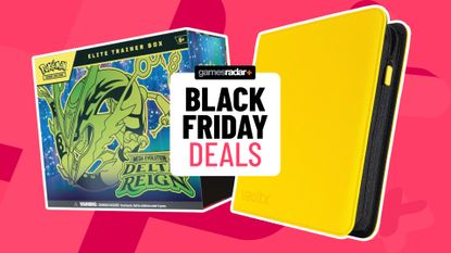 A Pokemon TCG Delta Reign Elite Trainer Box and VaultX binder behind a 'Black Friday deals' badge, against a pink background