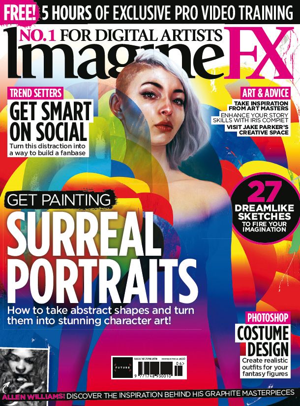 ImagineFX 161 cover featuring a woman with a half buzz cut emerging from swirling abstract shapes