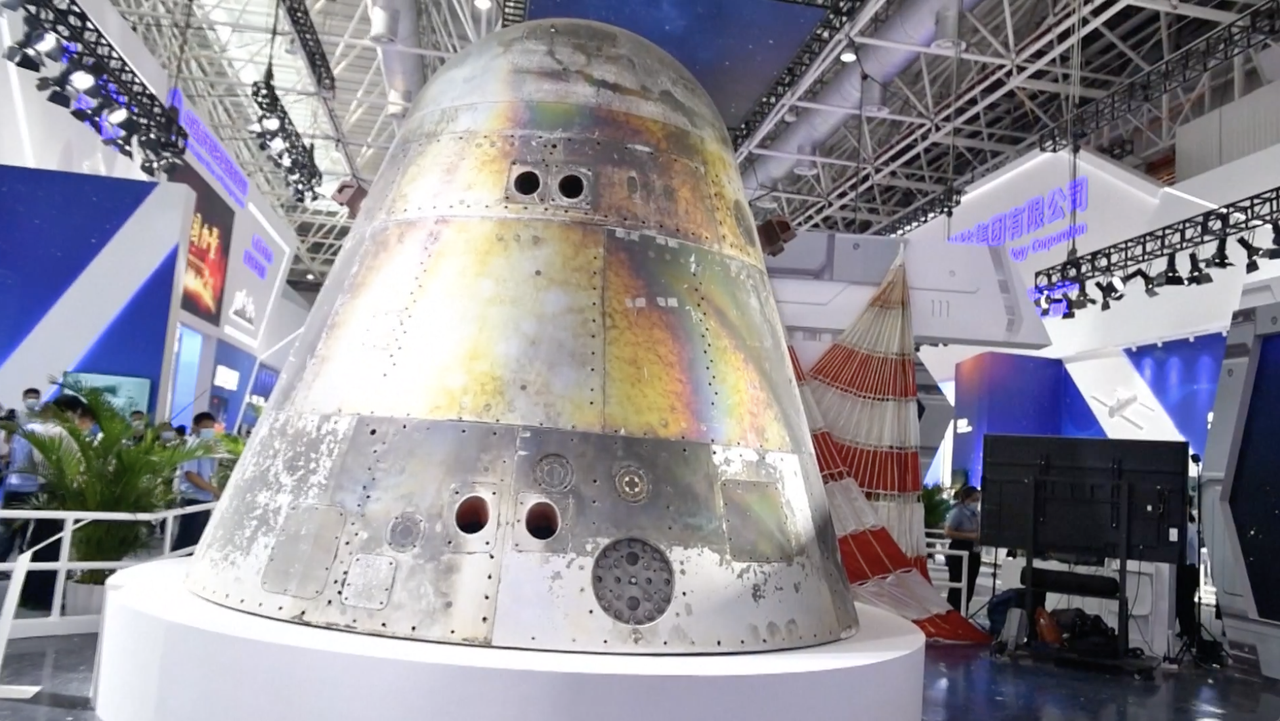 China's next-generation spacecraft, which flew once to space in May 2020, is seen on display for the first time at the Airshow China 2021 in Zhuhai City in the Guangdong province on Oct. 1, 2021.