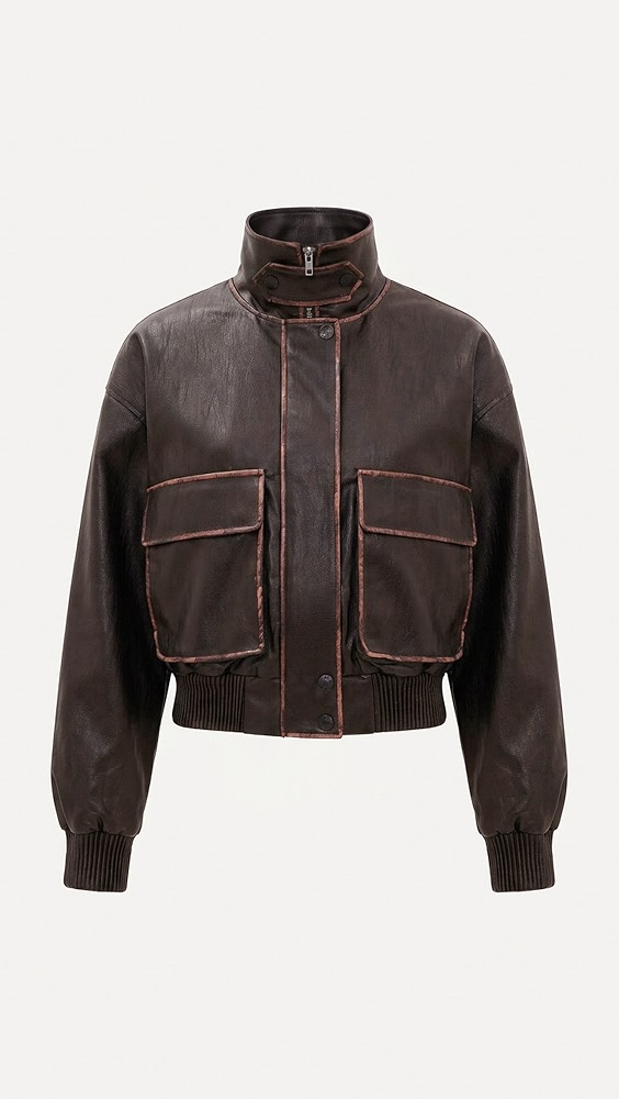 Cantini Faux Leather Bomber Jacket - Washed Dk Brown