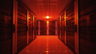 Emergency failure red light in data center with servers. 3D rendered illustration.