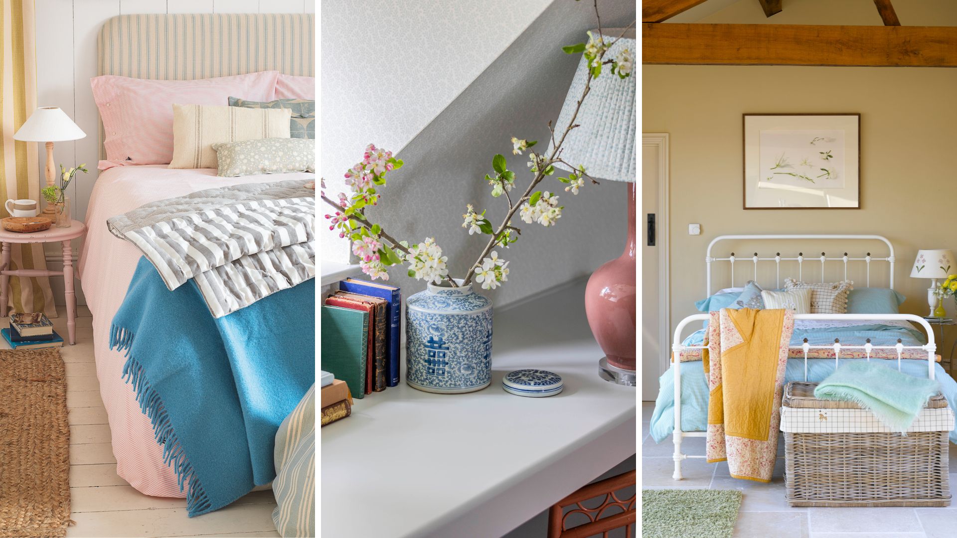 composite of spring-styled bedrooms with light furnishings and pastel colours