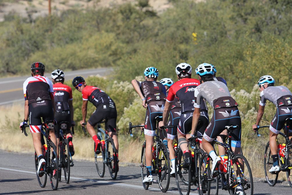 Alberto Contador checks the group on the first ride of the Tucson training camp
