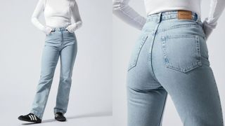 composite of model wearing weekday Rowe Extra High Straight Jeans