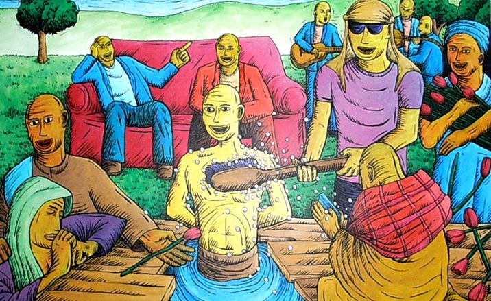 Cartoon image of a man being bathed, two sitting on a sofa and others with flowers