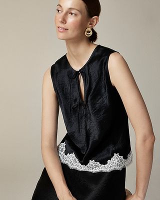 Textured Satin Top With Lace Hem