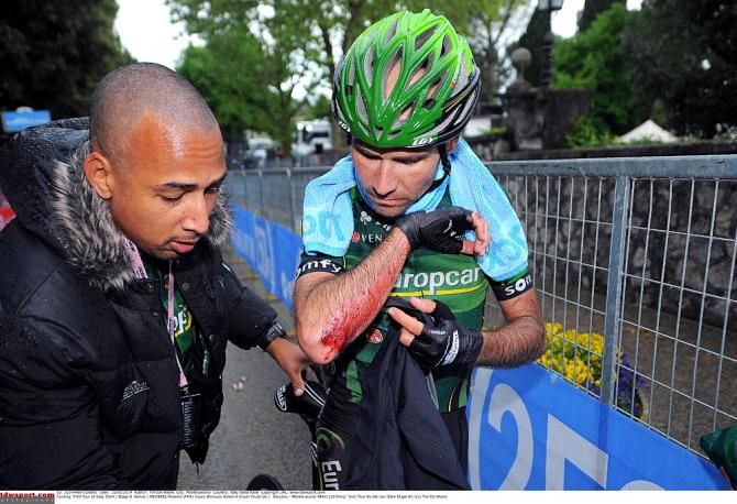Maxime Mederel inspects his road rash