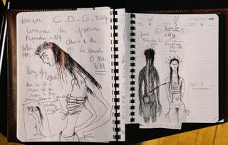 Black and white notebook drawings by Julien D’ys showing his inspiration for the Comme des Garçons Fall 2021 show