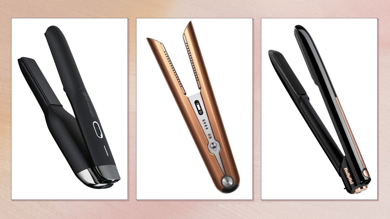 Collage of the best cordless straighteners (L-R) ghd Unplugged, Dyson Corrale and BaByliss 9000, on a pink watercolour background