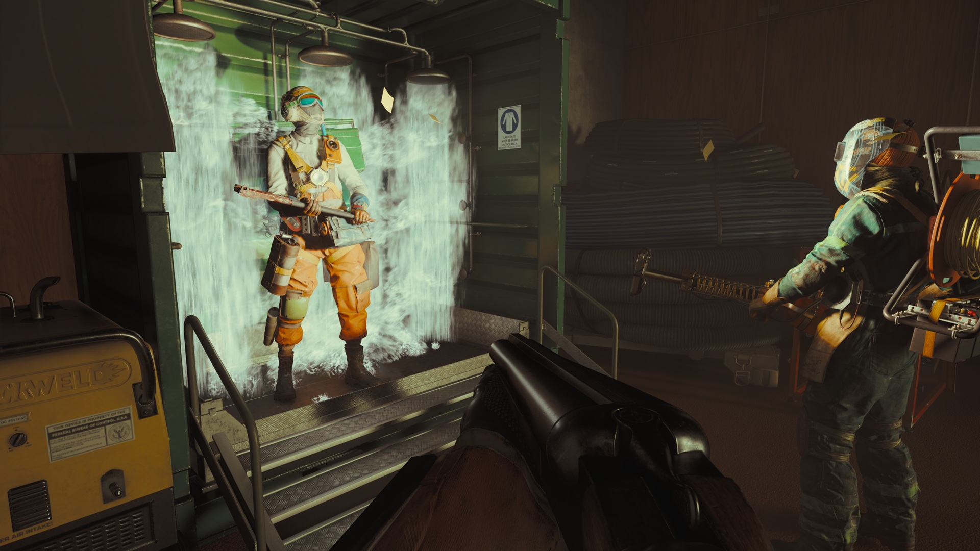 Two members of a squad watching the third use a shower in FBC: Firebreak