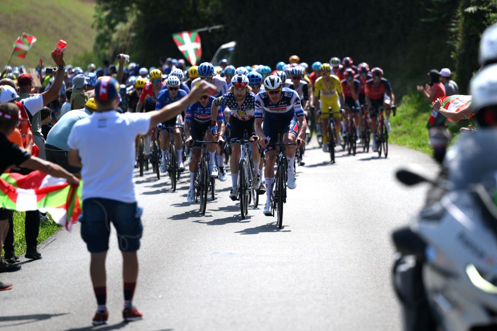 BAYONNE FRANCE JULY 03 LR Quinn Simmons of The United States and Team LidlTrek and Tim Declercq of Belgium and Team Soudal Quick Step lead the peloton during the stage three of the 110th Tour de France 2023 a 1935km stage from AmorebietaEtxano to Bayonne UCIWT on July 03 2023 in Bayonne France Photo by David RamosGetty Images